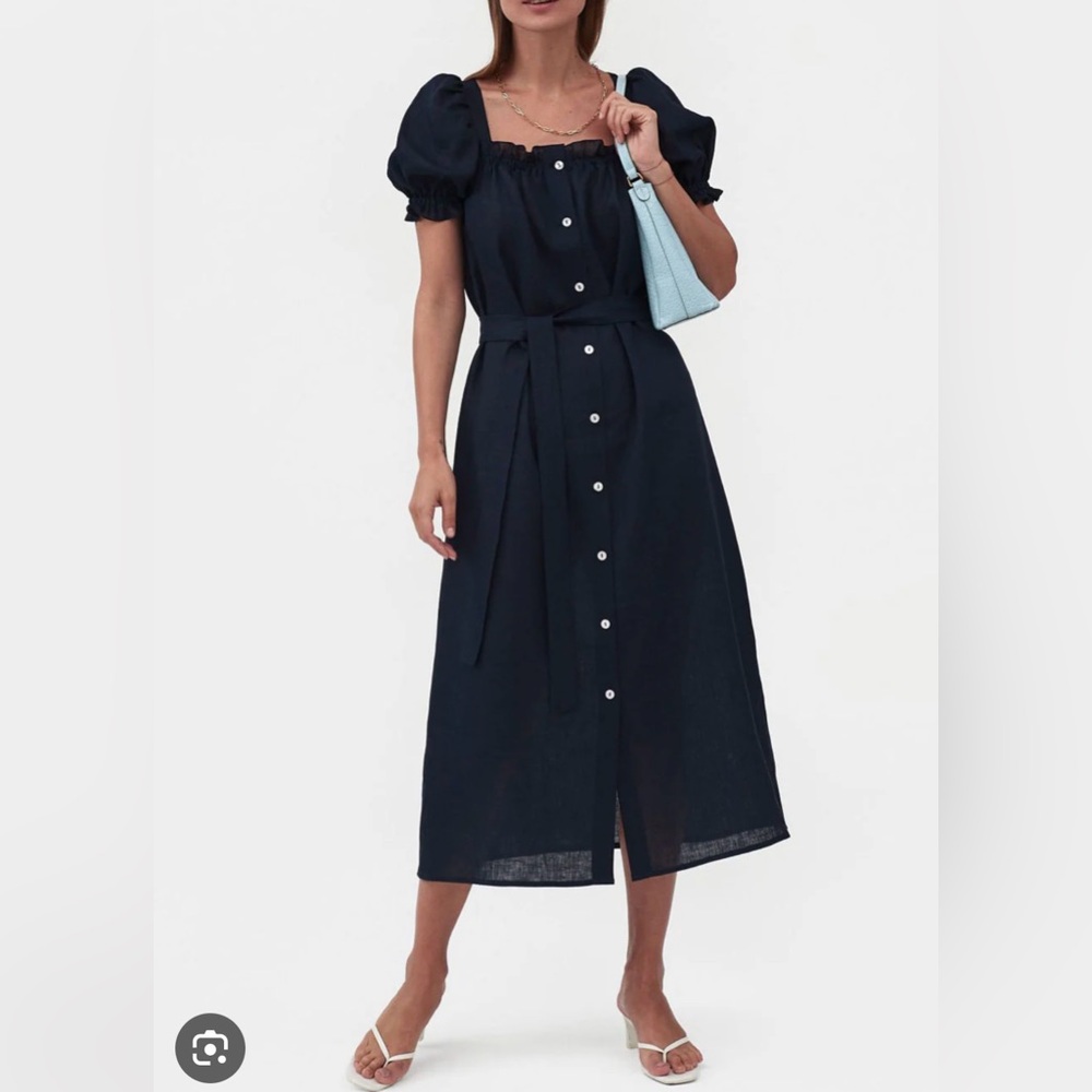 Sleeper Brigitte Linen Midi Dress in Navy (Small)